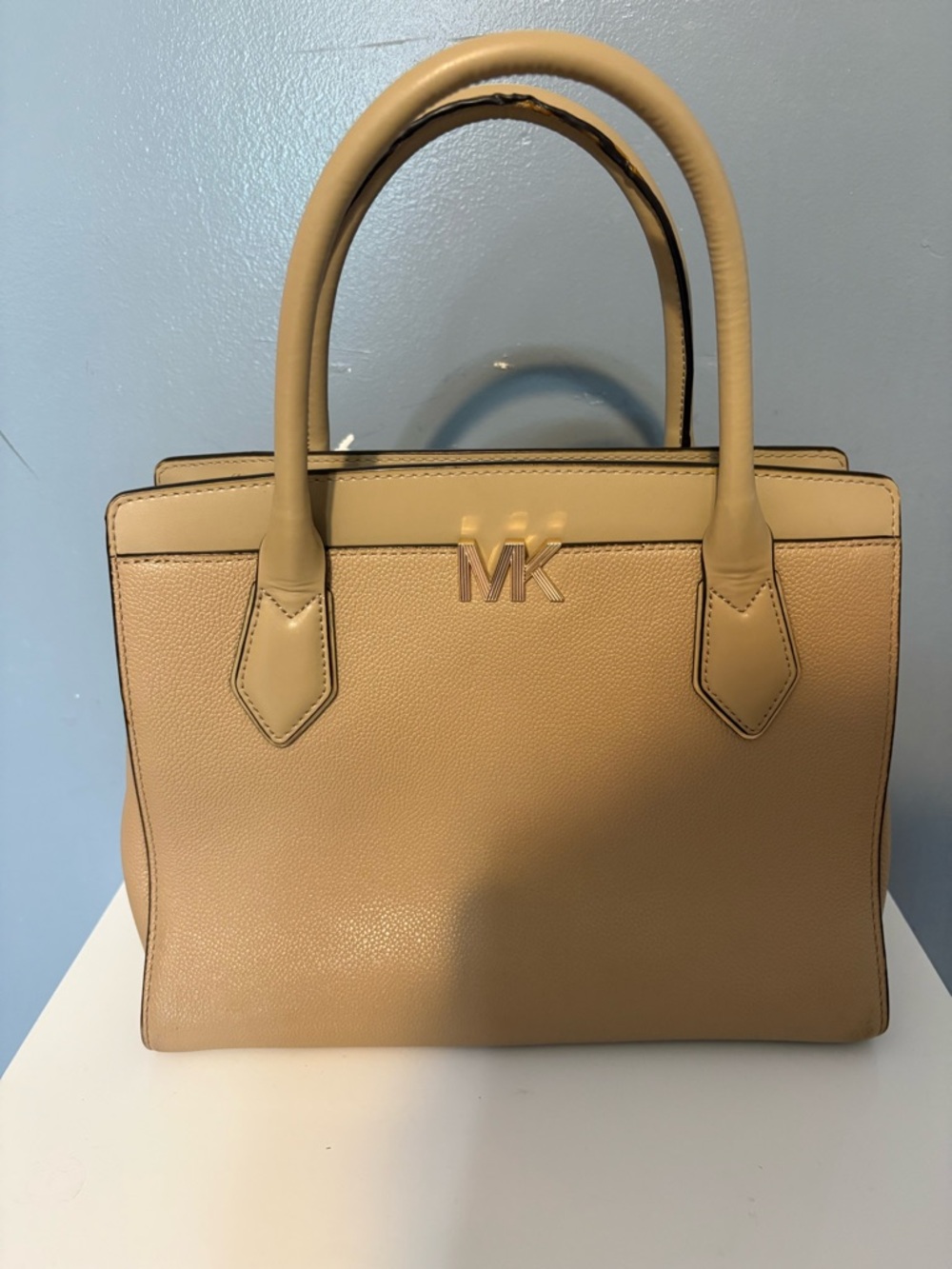 Michael Kors Tan Pebbled Leather Satchel with Gold MK Logo